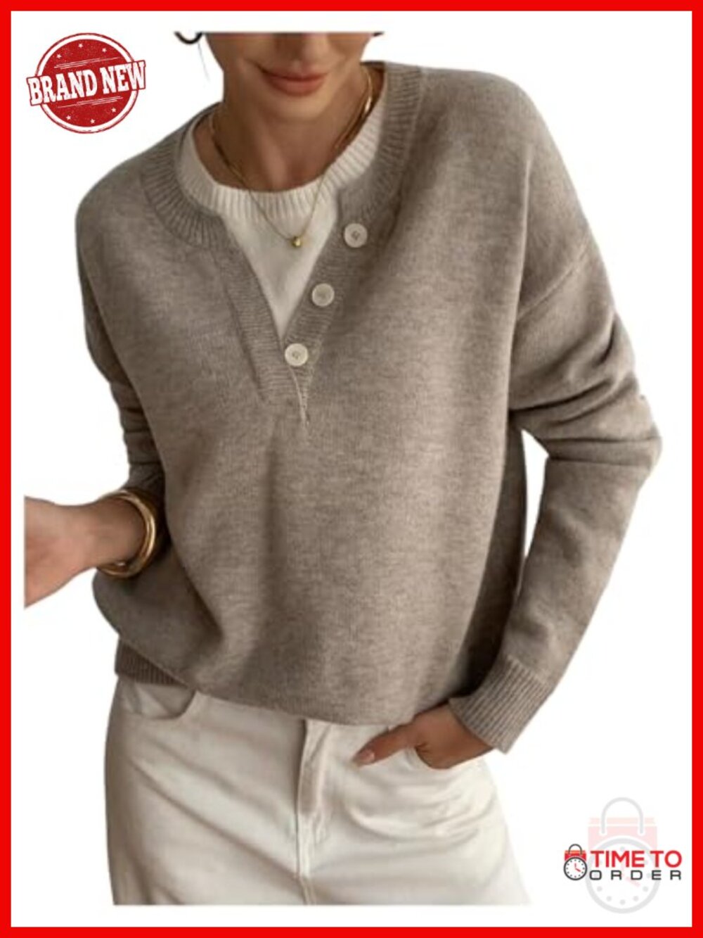 SOLY HUX Women's Oversized Henley Pullover Sweater Long Sleeve Button Front